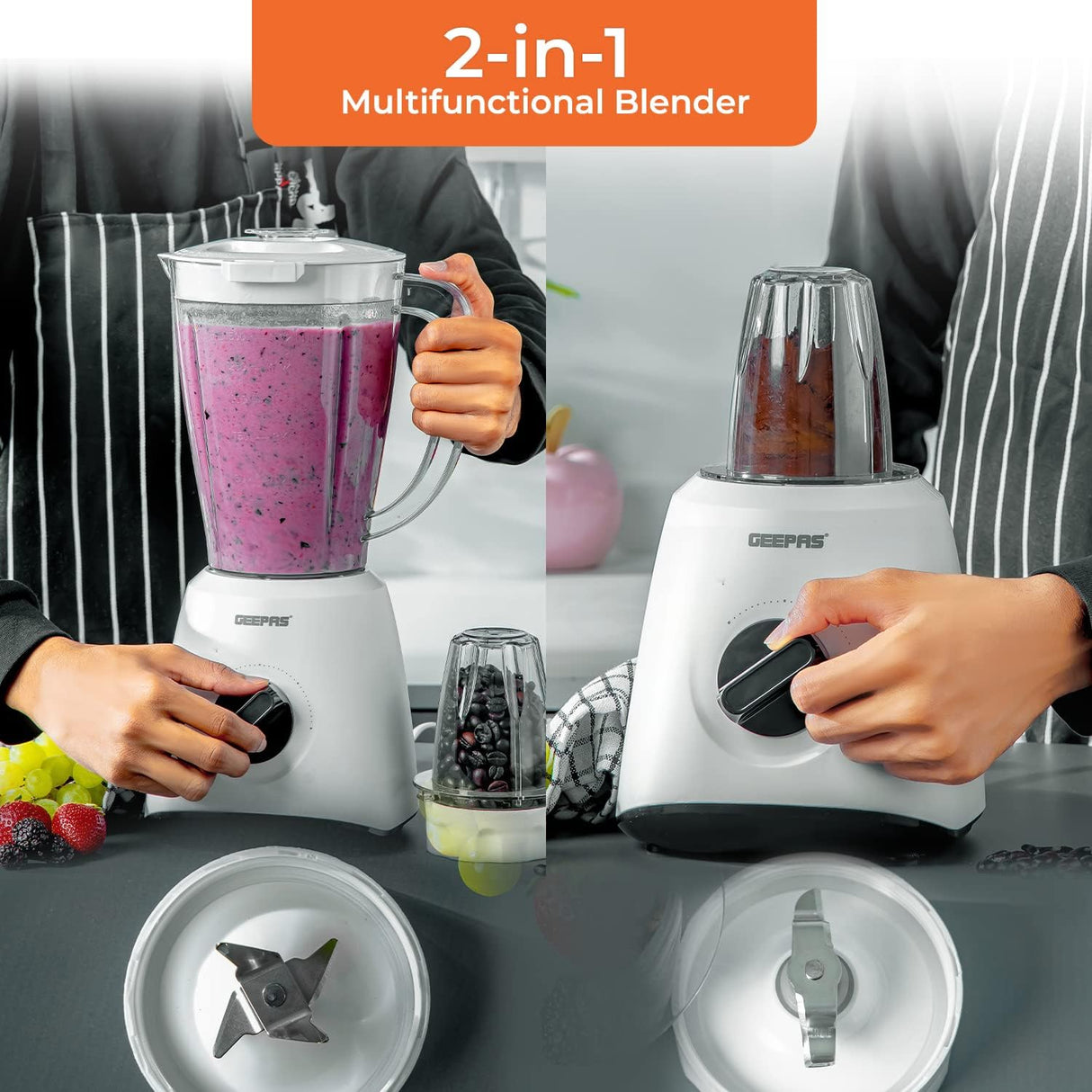 Geepas Geepas-Powerful 600W Powerful Motor Multi-functional 2 in 1 Blender with 2 Speed & Pulse Option|GSB44027T (1.8L)