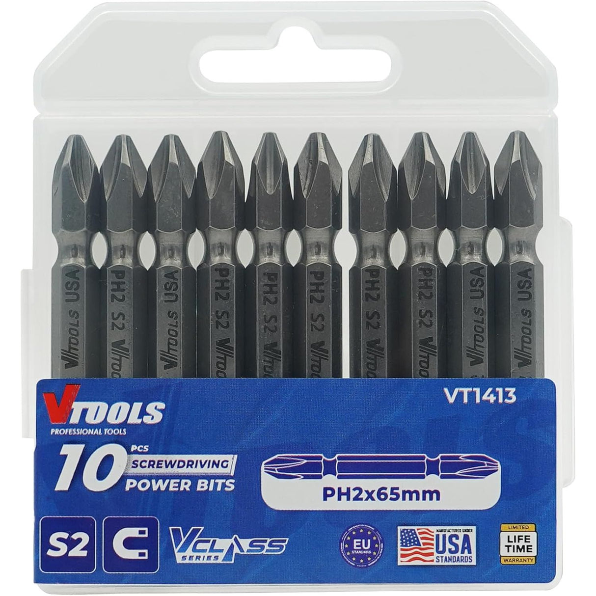 Vtools 10 Pieces PH2 Magnetic Screwdriver Bits Set 2/5 Inch, S2 Steel Precision Bits with Case, Ideal Tool for Repairing Car, Bicycle, Furniture, VT1413