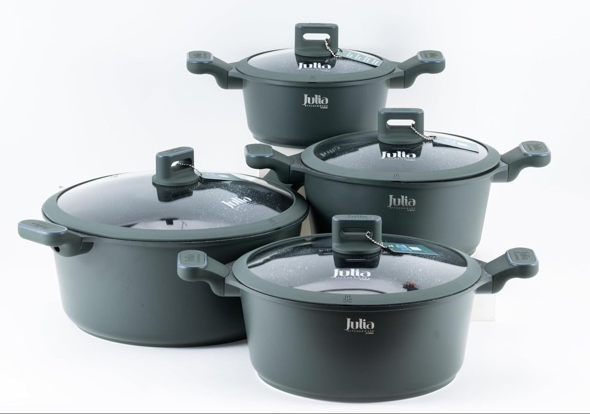 Julia Cookware Set 8-Piece – Green Finish - Non-Stick Durable Casserole Pots with Glass Lids for Everyday Cooking