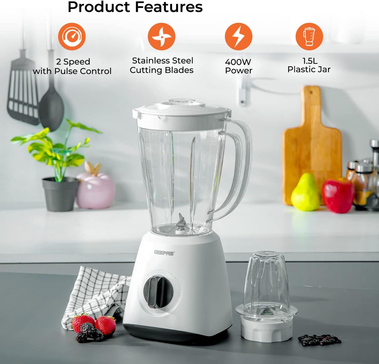 Geepas Geepas-Powerful 600W Powerful Motor Multi-functional 2 in 1 Blender with 2 Speed & Pulse Option|GSB44027T (1.8L)