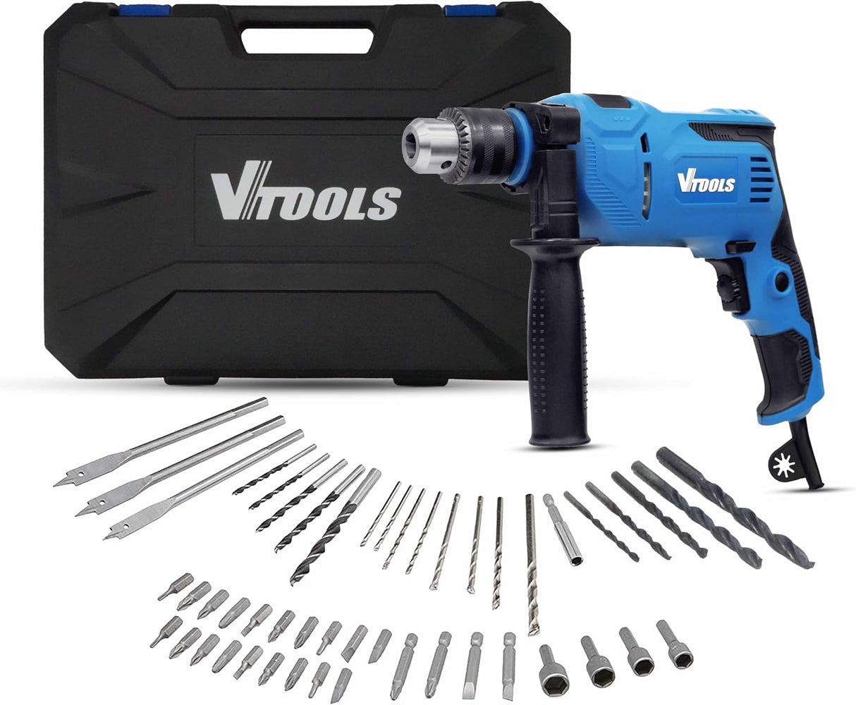 VTOOLS 112 Pcs 710W Electric Impact Drill Set with 13mm Keyed Chuck, 0-3000RPM Speed, 48,000BPM Hammer Action, Auxiliary Handle, 42 Drill Bits, Screwdriver Bits & Socket Kit, Blue, VT1225-KIT