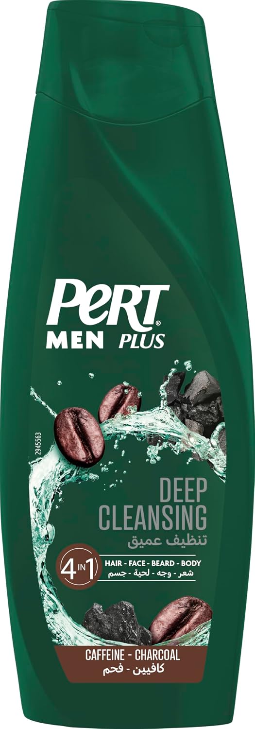 Pert Plus Men, Deep Clean Shampoo with Caffeine & Charcoal, 4in1 for Hair, Face, Beard and Body, 360ml