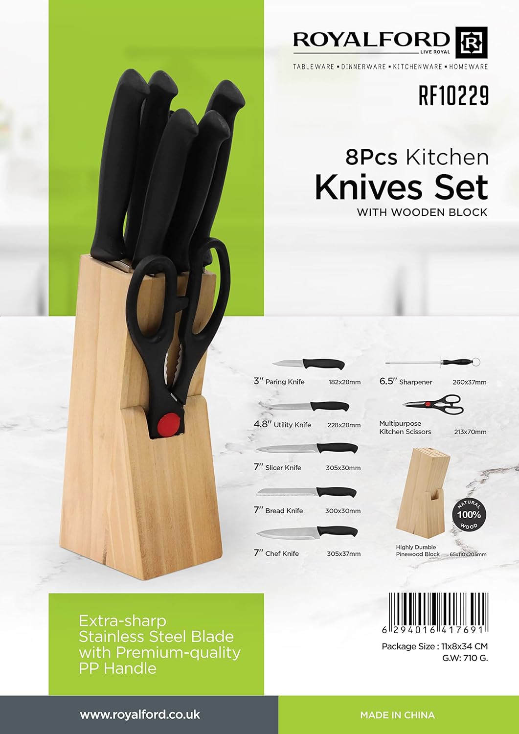 ROYALFORD 8pcs Kitchen Knives Set(3" Paring Knife, 4.8" Utility Knife, 7" Slicer Knife, 7" Bread Knife, 7" Chef Knife, 6.5" Sharpener, Kitchen Scissors 213mm*70mm, Pine Wood Knife Holder 65mm*110mm*205mm), Extra-Sharp Stainless Steel Blades and PP Handles