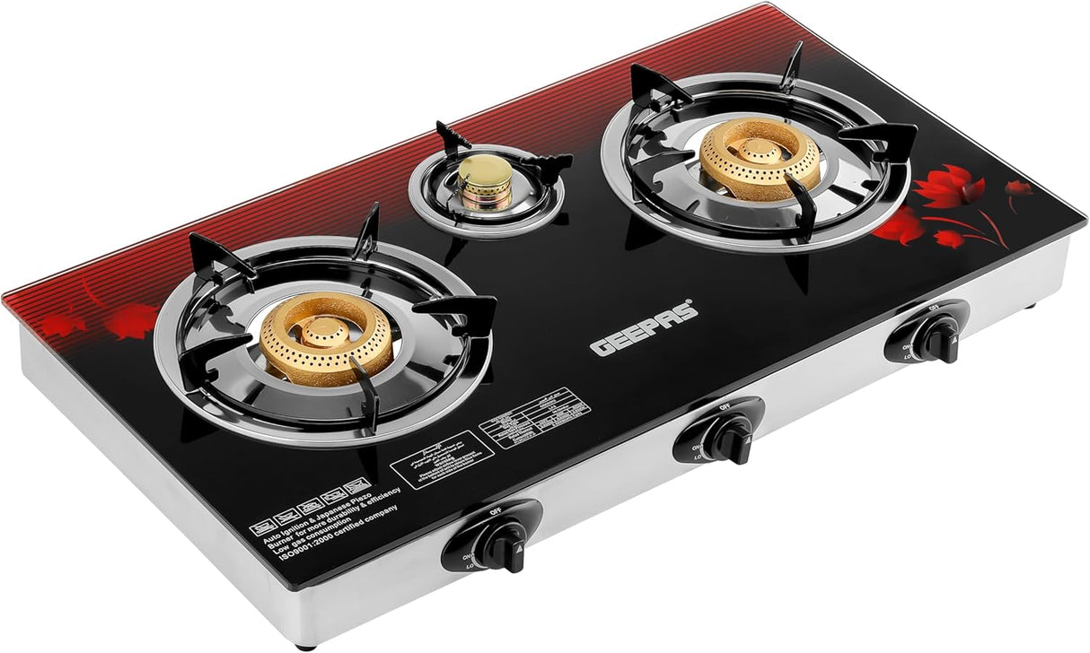 Geepas GGC31012 3-Burner Gas Cooker Size 70mm, 40mm & 90mm Respectively - Ergonomic Design, Automatic Ignition, 3 Heating Zones |Stainless Steel Frame & Tray