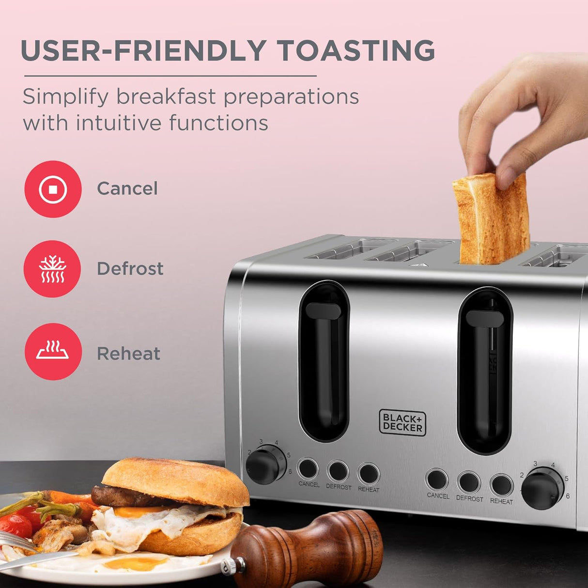 Black+Decker 4-Slice Toaster, 2100W Double-Sided Heating, 6 Browning Levels, Defrost, Reheat, Cancel Functions, Extra-Wide Slots, Dual Browning Control, Removable Crumb Tray, Silver - ET444-B5