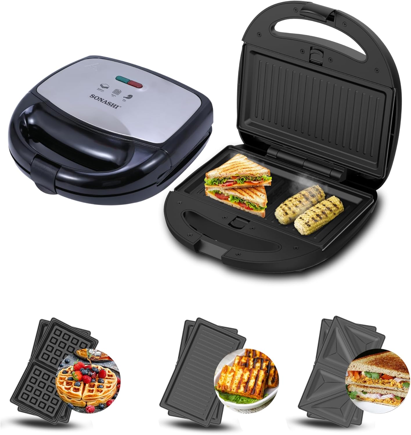Sonashi 3-in-1 Multi Snack Maker SSM-861 - Detachable Sandwich, Grill, Waffle Making Plates with Bakelite Coating