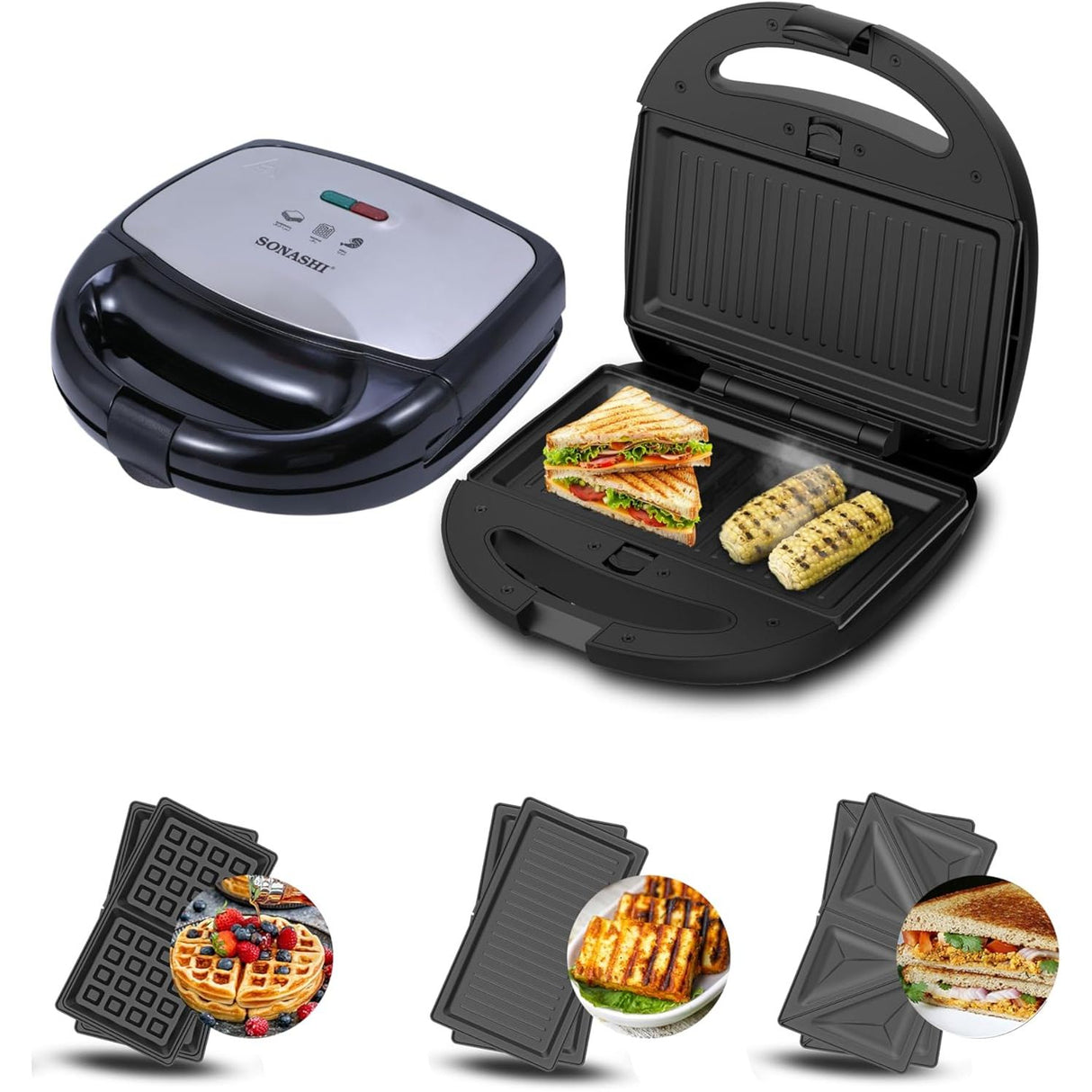 Sonashi 3-in-1 Multi Snack Maker SSM-861 - Detachable Sandwich, Grill, Waffle Making Plates with Bakelite Coating