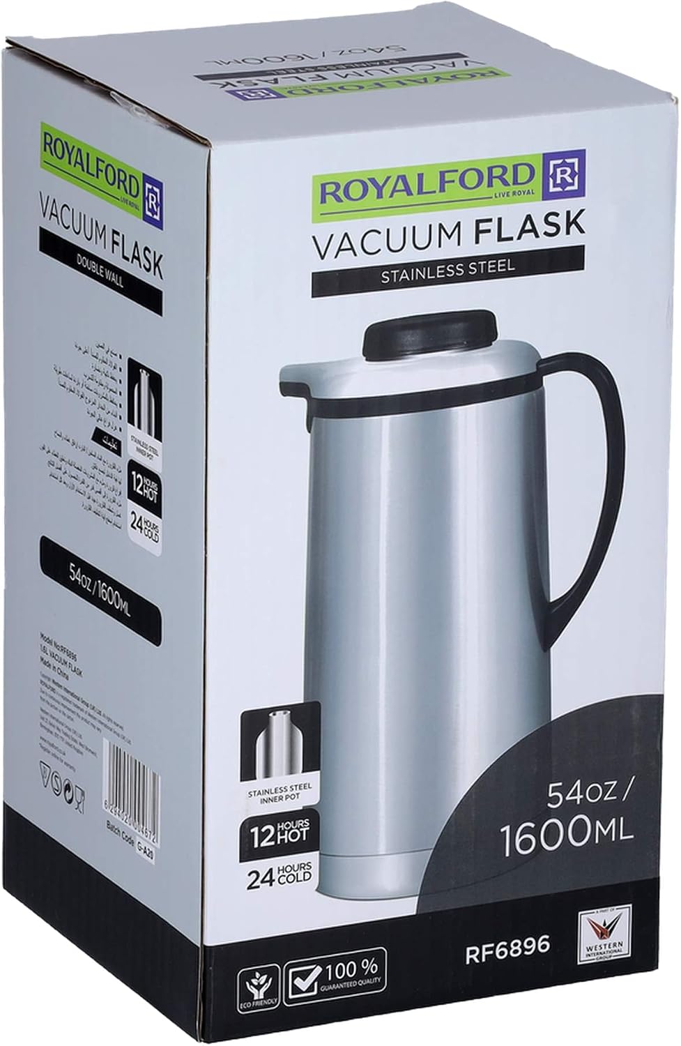 Royalford Stainless Steel Vacuum Flask, 1.6 Litres, Silver and Black