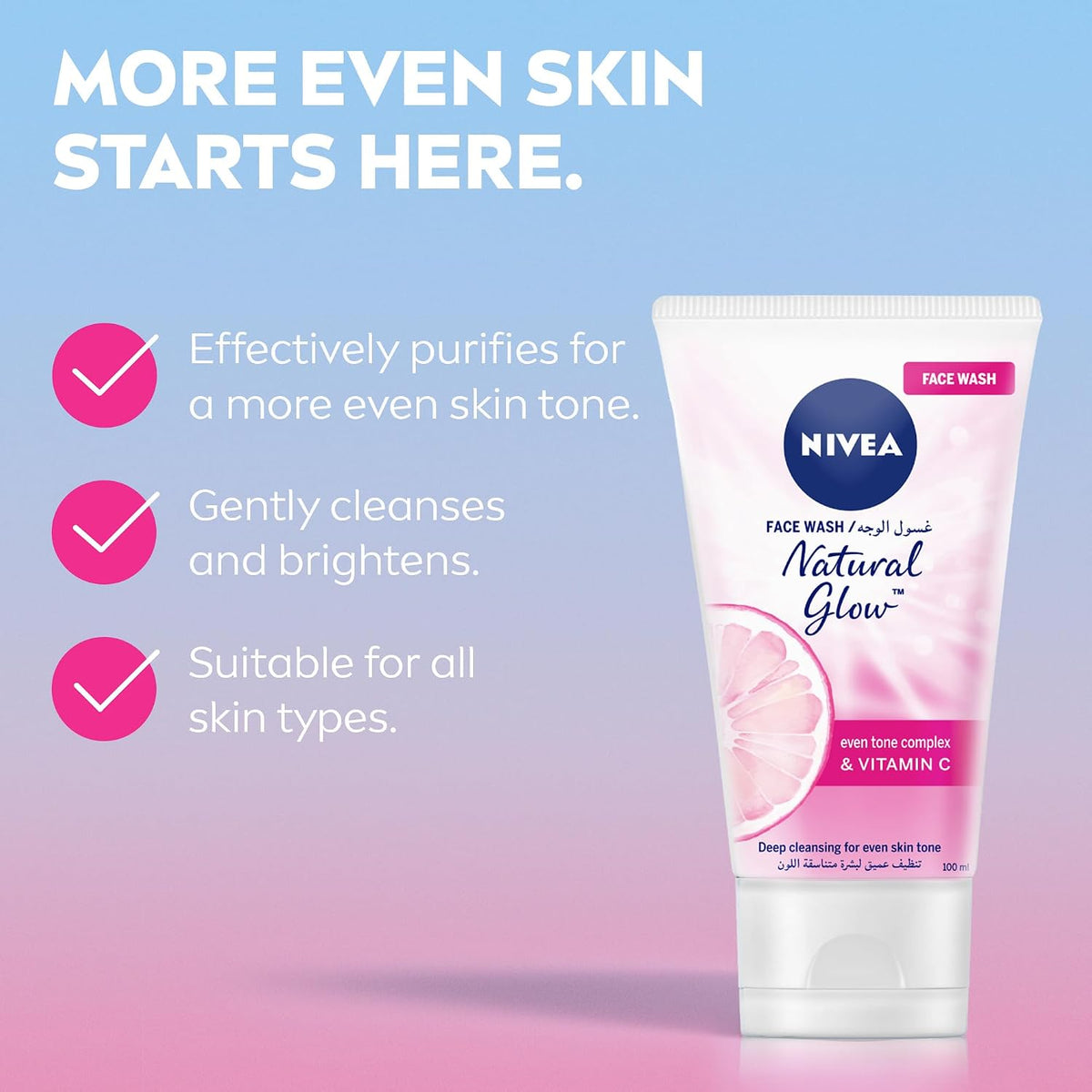 Nivea Face Wash Cleanser, Natural Fairness, Even Skin Tone, 100ml