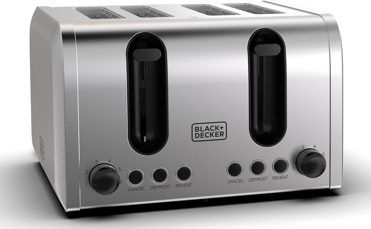 Black+Decker 4-Slice Toaster, 2100W Double-Sided Heating, 6 Browning Levels, Defrost, Reheat, Cancel Functions, Extra-Wide Slots, Dual Browning Control, Removable Crumb Tray, Silver - ET444-B5