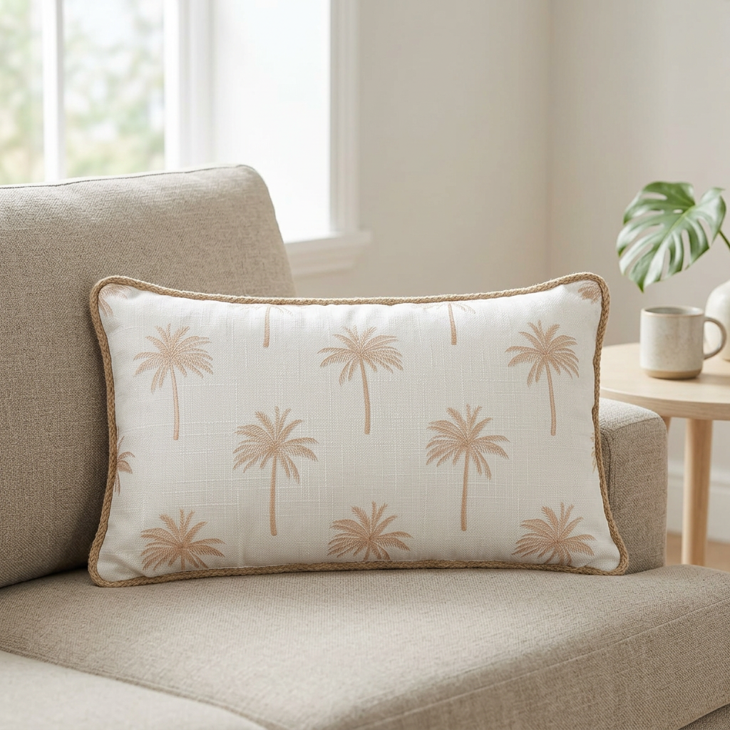 Rectangular Palm Tree Cushion Ivory & Beige - 28×50cm