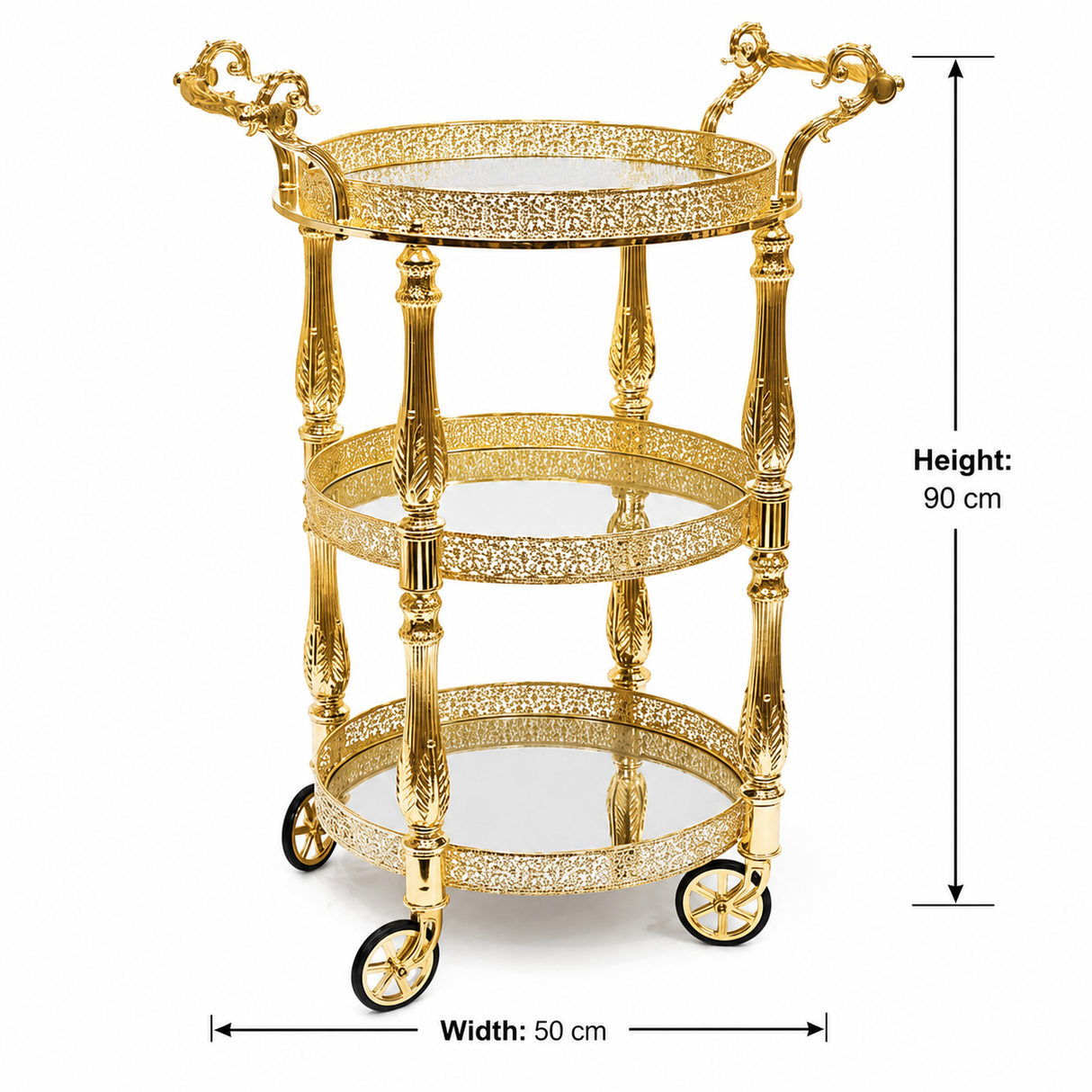 MayFlower 3-Tier Round Gold Metal & Glass Serving Trolley with Ornate Filigree Design and Caster Wheels – 90×50cm | Luxury Hospitality & Majlis Tea Cart |