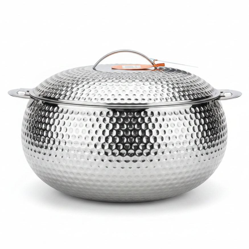 Pradeep Shahla Silver Stainless Steel Hotpot | Hammered Diamond-Texture Insulated Casserole Dish with Lid & Handles |