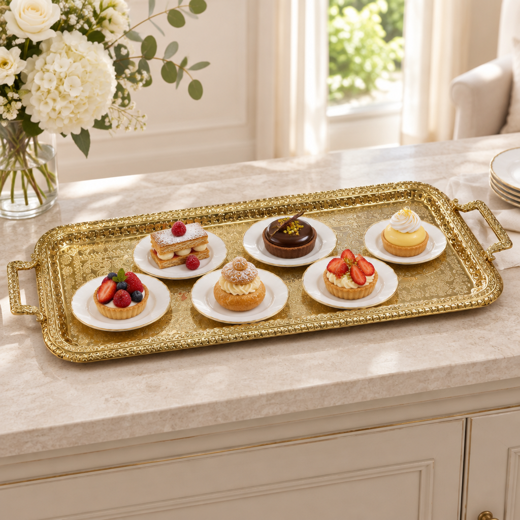 Rectangular Stainless Steel Serving Tray with Handles Gold – 85×30cm