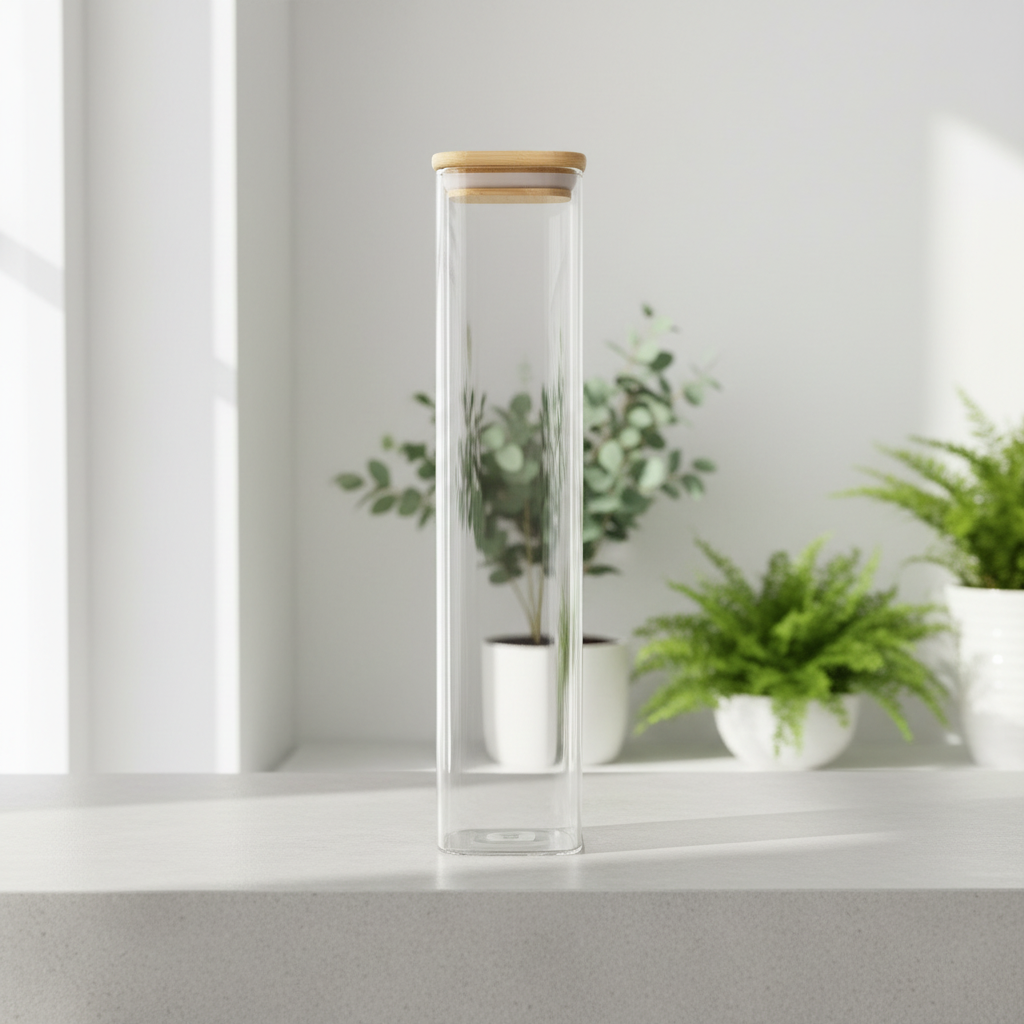 Square Glass Storage Jar with Natural Bamboo Lid - 5×30cm