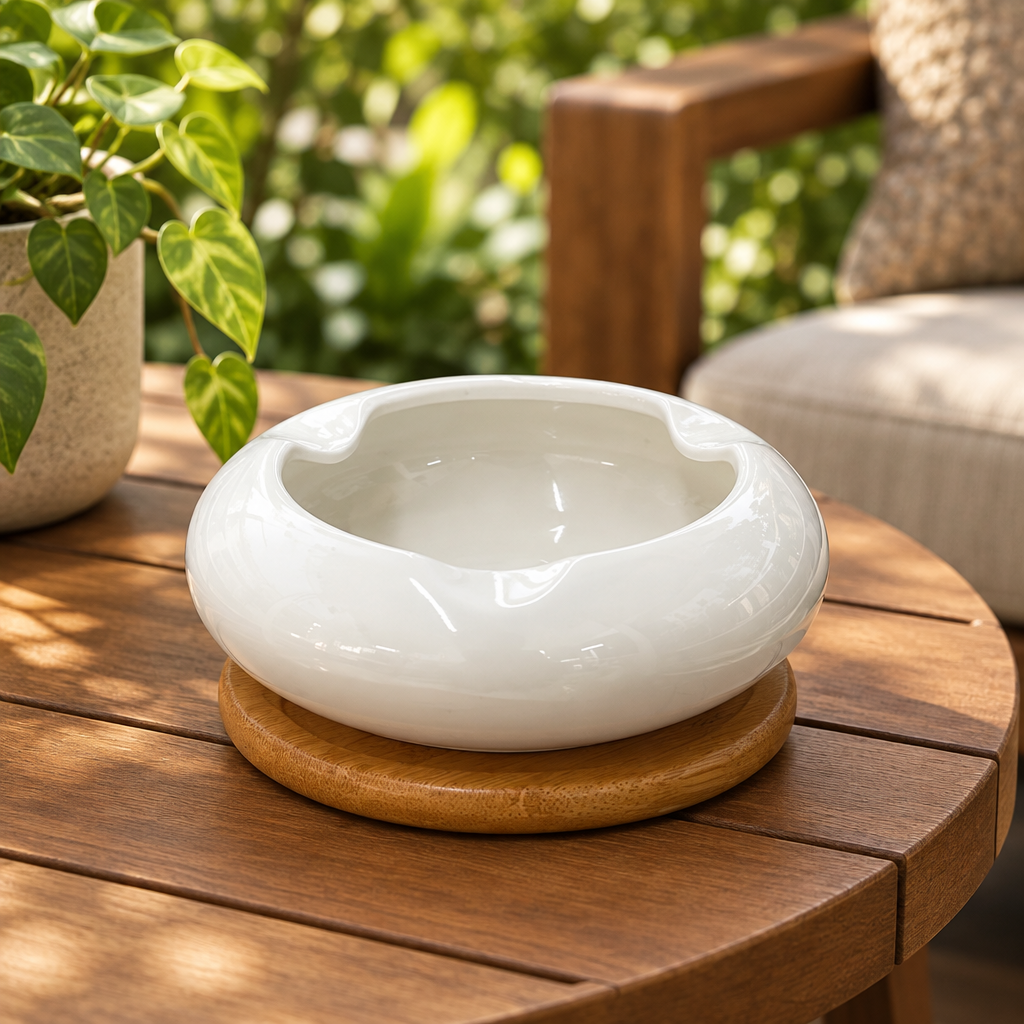 Ceramic Ashtray with Wooden Base - 12cm