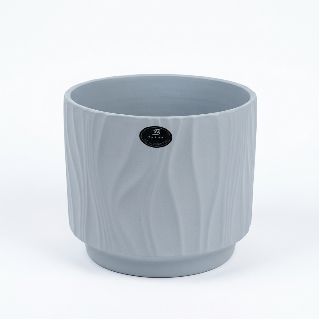 Ceramic Flower Vase with Textured Design Light Grey – 16×14cm