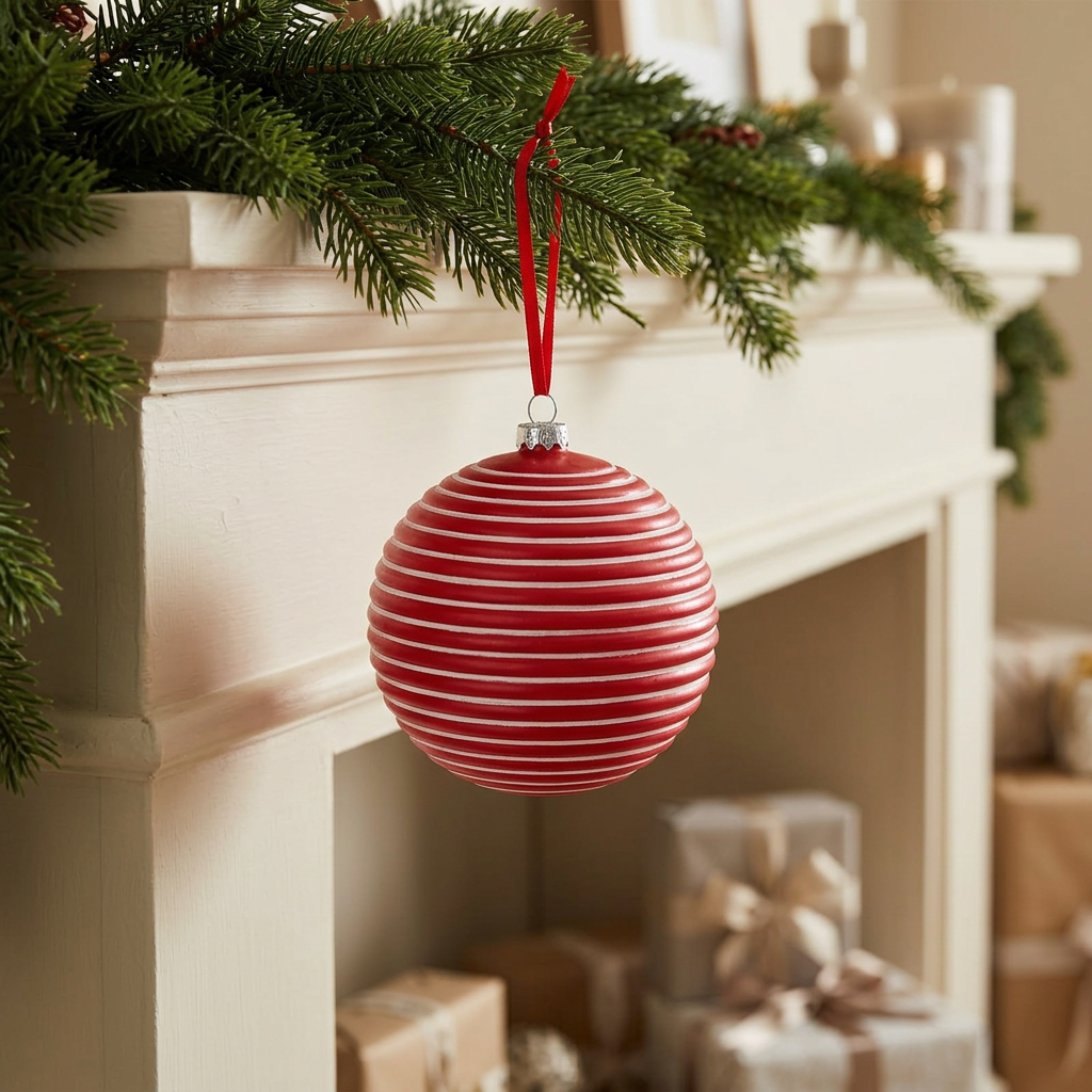 Striped Plastic Christmas Ball Hanging Decoration Red – 10cm