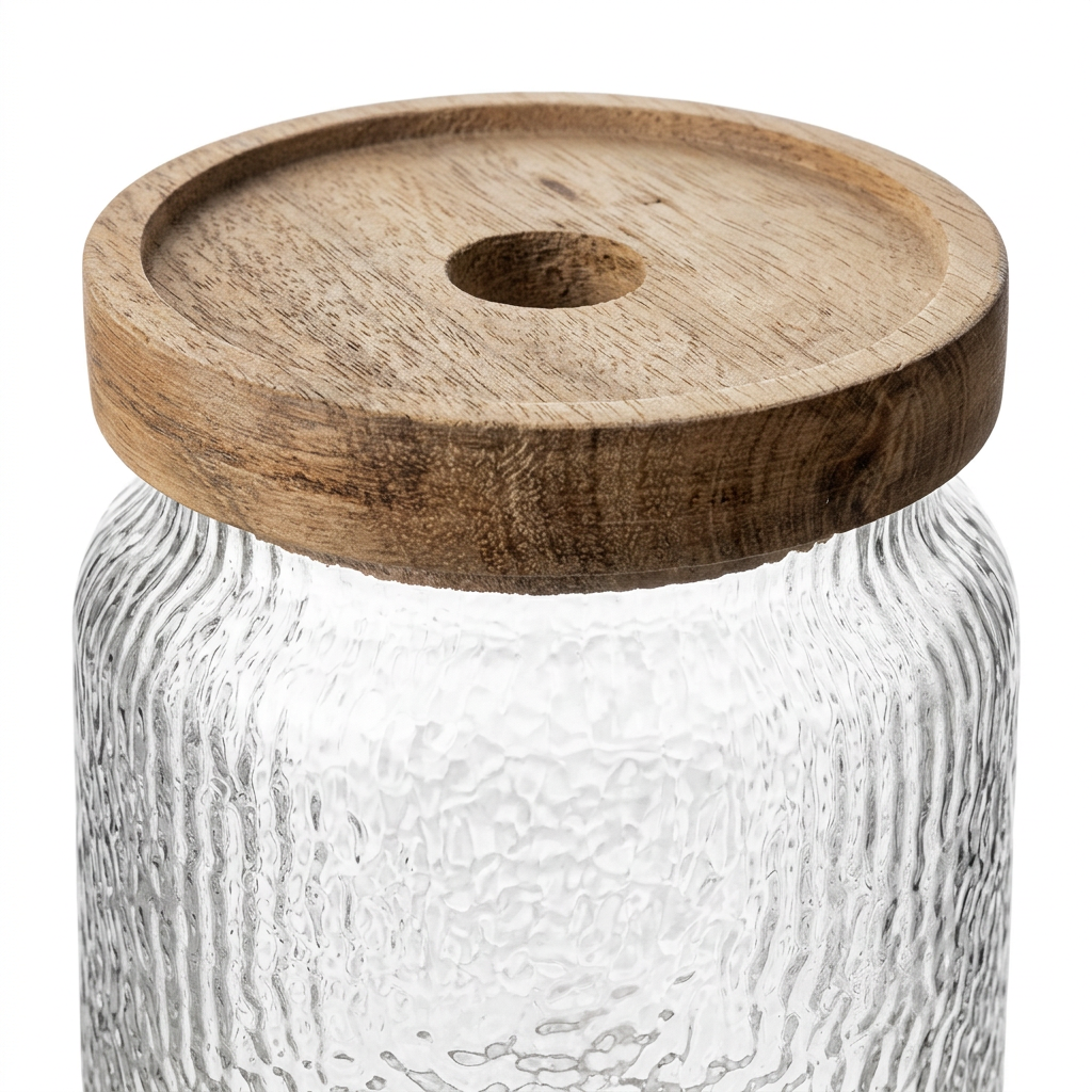 Textured Glass Jar with Wooden Lid - 500ml