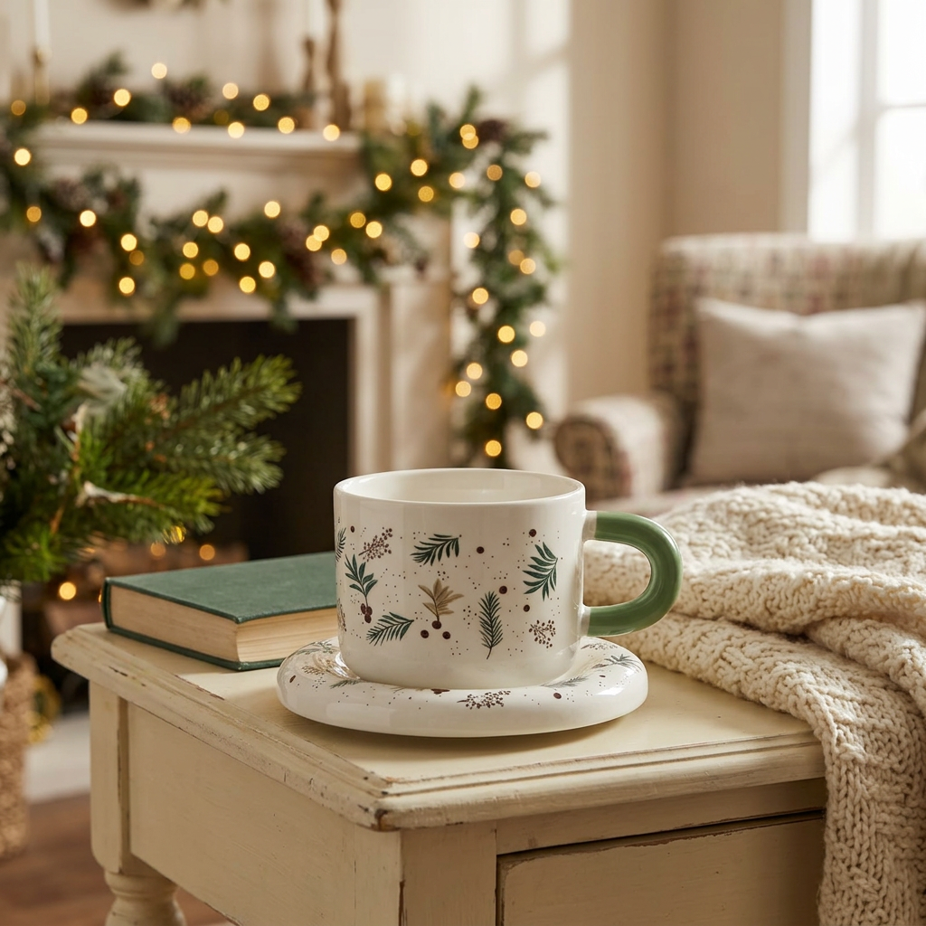 Ceramic Christmas Cup & Saucer Set White & Green Handle - 350ml