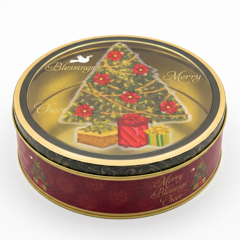 Round Metal Christmas Candy Box with Plastic Lid - 22cm