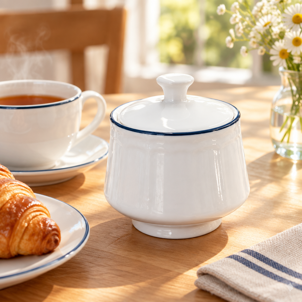 Luhpar Ceramic Sugar Pot with Lid White with Blue Rim - 360ml