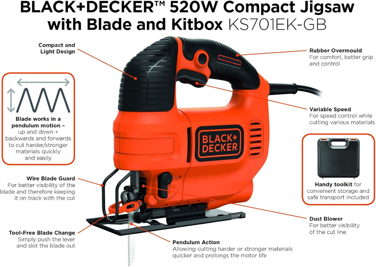 BLACK+DECKER 400W Compact Jigsaw, 300spm Speed of Cut
