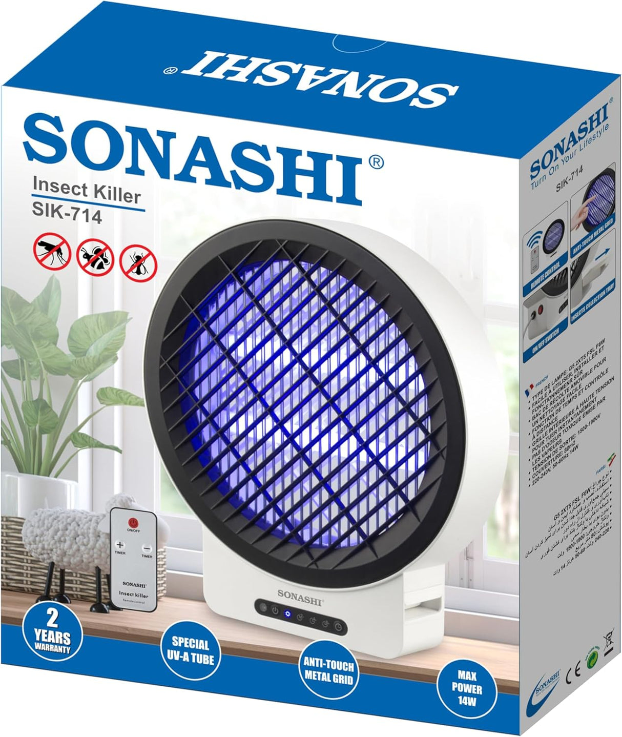 Sonashi SIK-714 Remote Control Insect Killer | Ultra UV-A Tube with Timer Function | Covers 80m² Area | Easy to Use and Highly Effective | 14W White Design