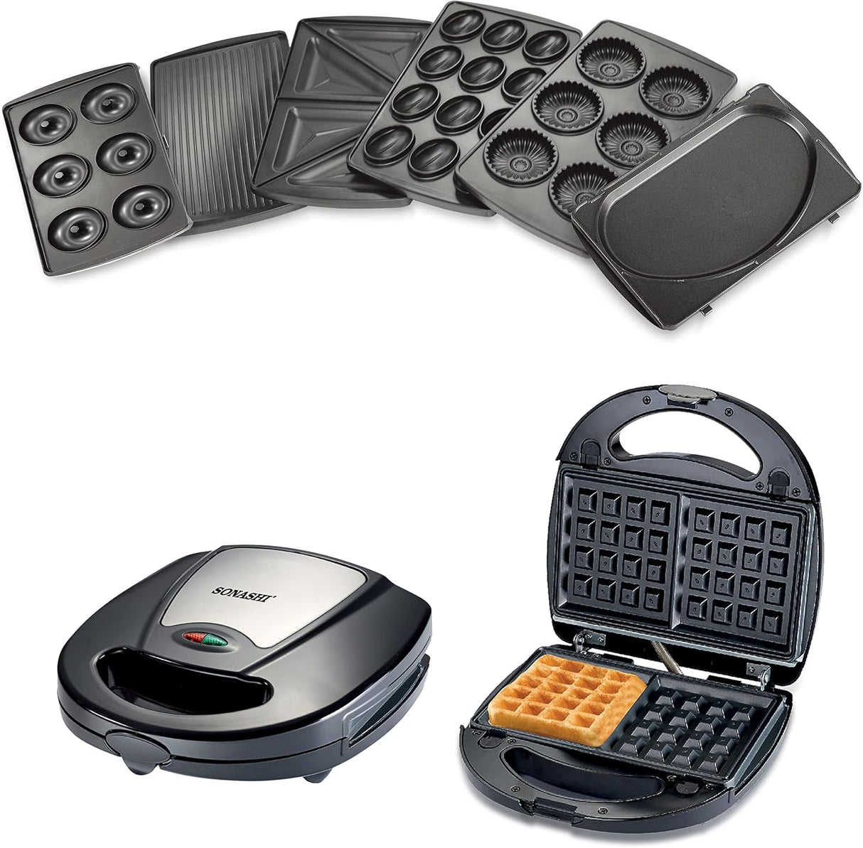 Sonashi 7-in-1 Multi Snack Maker SSM-862 - Detachable Sandwich, Grill, Donut, Waffle, Cupcake, Nutty, Omelet Making Plates