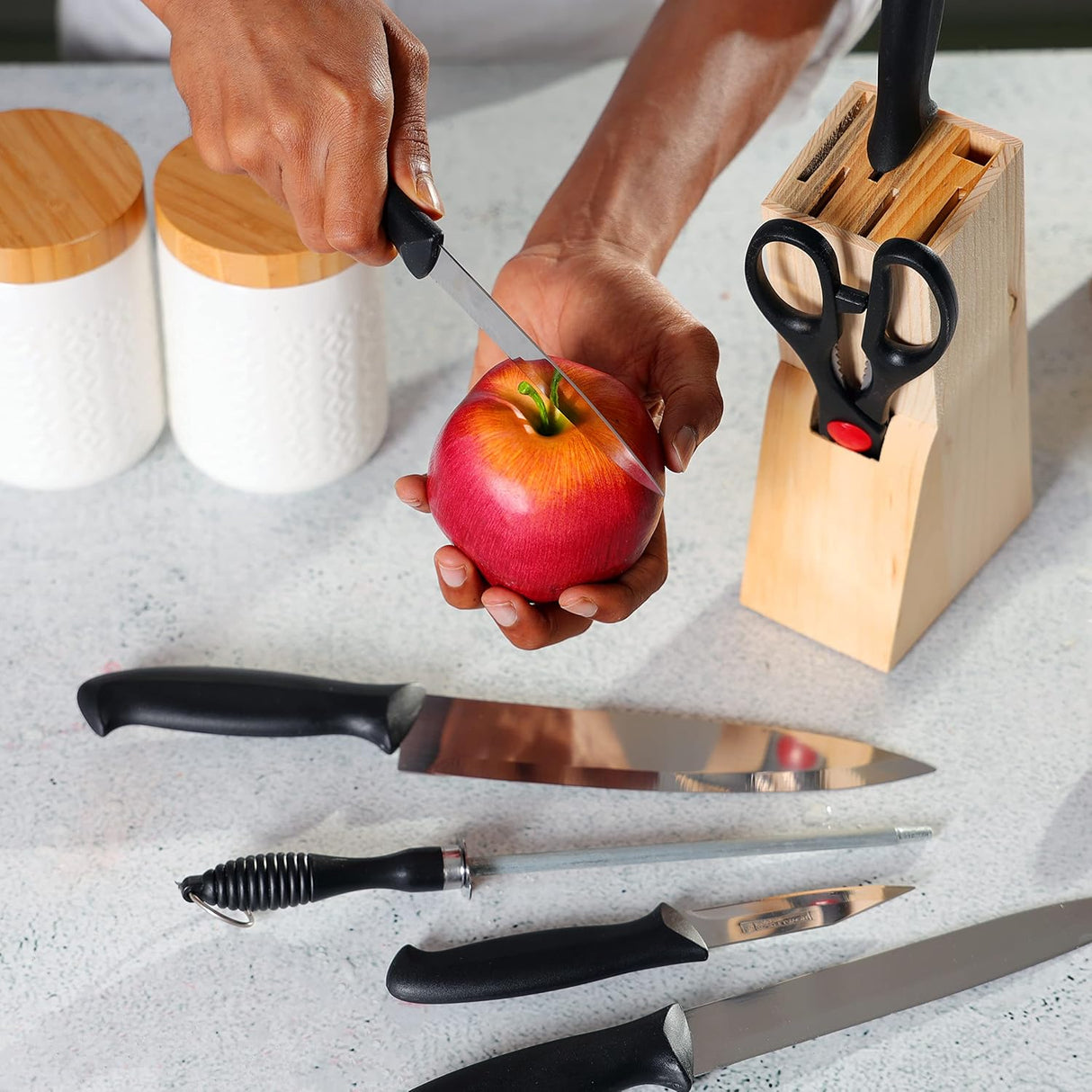 ROYALFORD 8pcs Kitchen Knives Set(3" Paring Knife, 4.8" Utility Knife, 7" Slicer Knife, 7" Bread Knife, 7" Chef Knife, 6.5" Sharpener, Kitchen Scissors 213mm*70mm, Pine Wood Knife Holder 65mm*110mm*205mm), Extra-Sharp Stainless Steel Blades and PP Handles