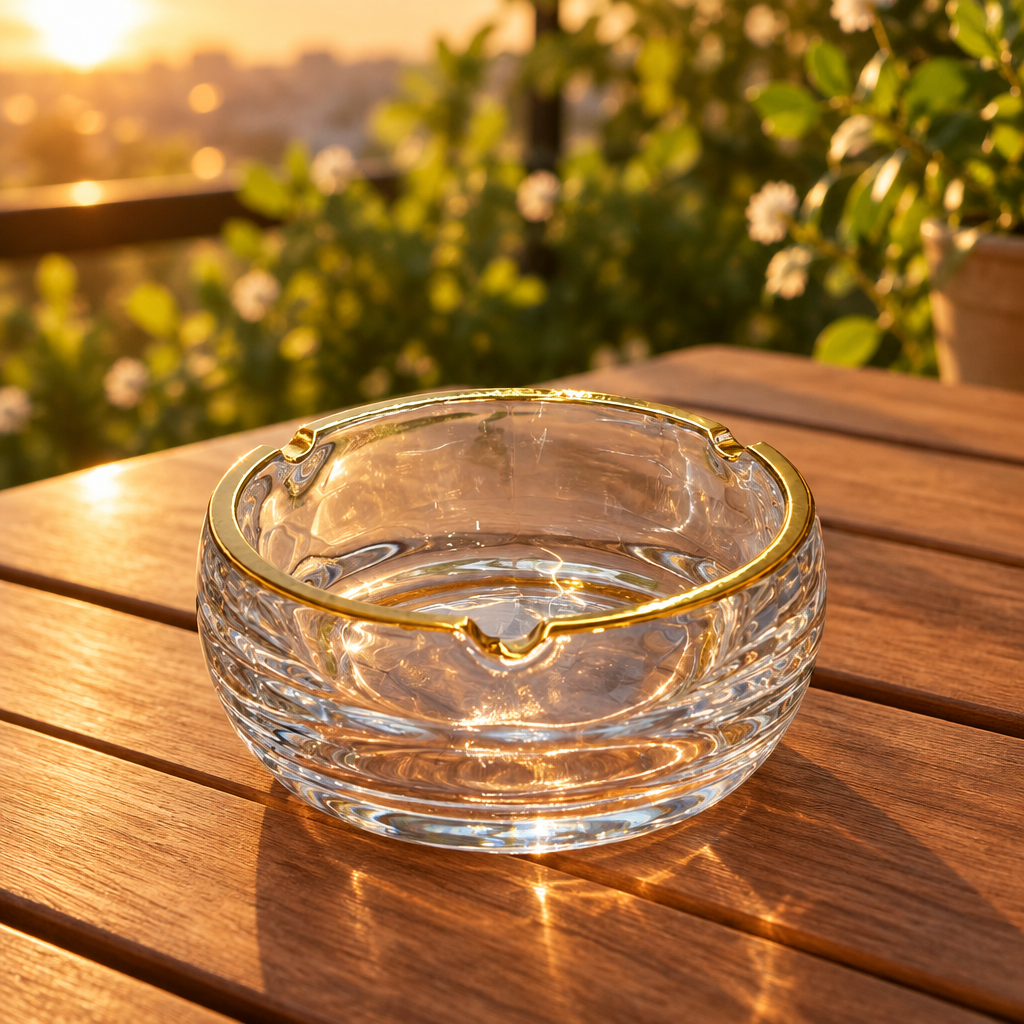 Diamond Glass Ashtray with Golden Rim – 15cm