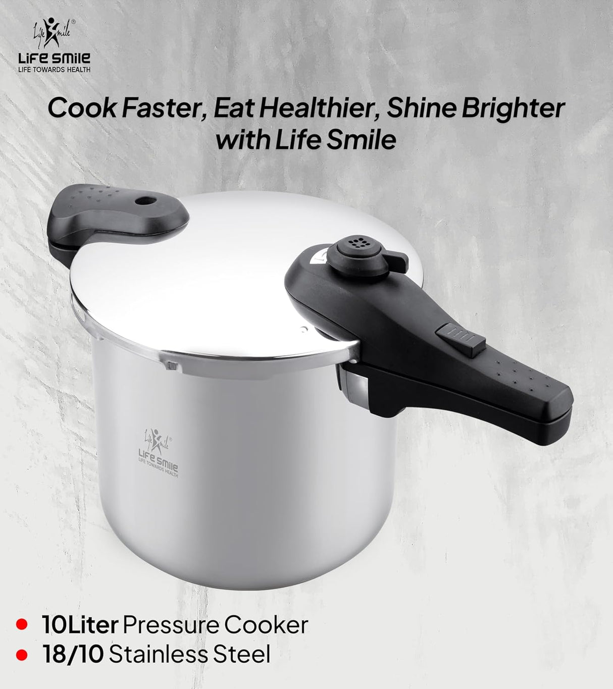 Life Smile 10L Pressure Cooker – 18/10 Stainless Steel, Push Button Lock System, Induction Compatible, Heat-Resistant Handles, Silver