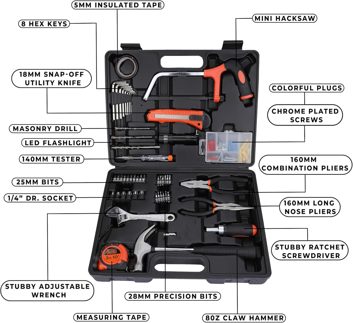 Black & Decker 108 Pieces Hand Tool Kitfor Home & Office Orange/Black BMT108C