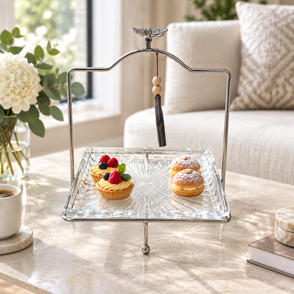 Glass Tray with Silver-Tone Metal Stand - 25×25cm