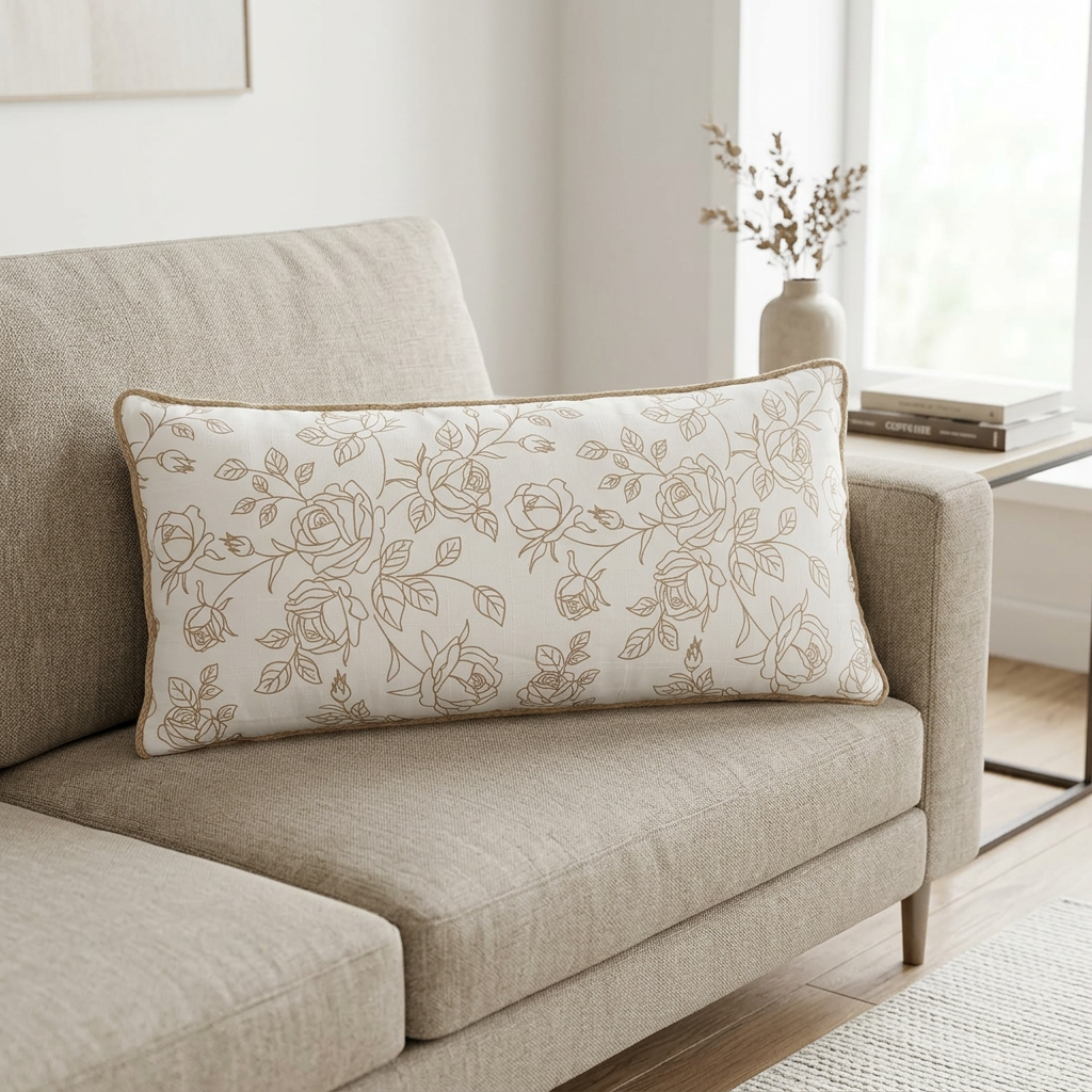 Rectangular Rose Floral Cushion Ivory & Beige - 30×70cm