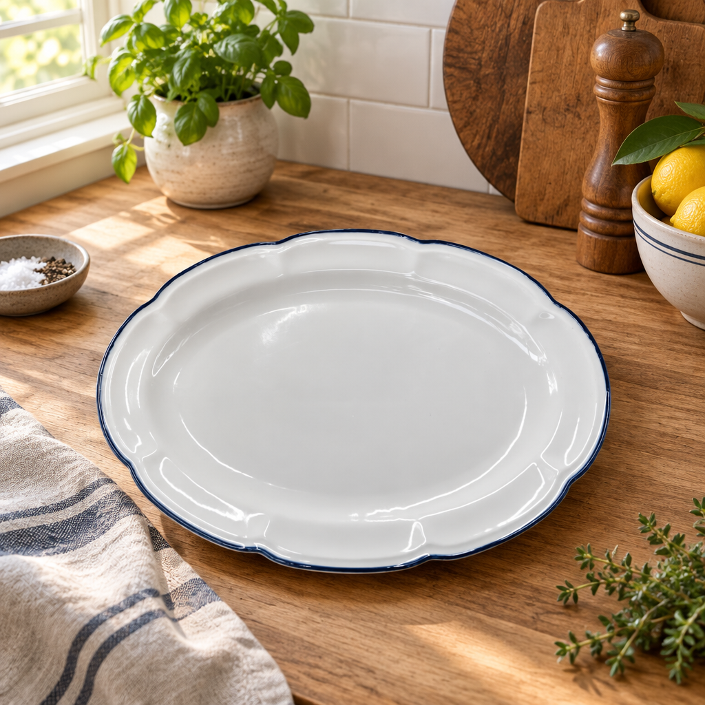 Luhpar Ceramic Oval Platter White with Blue Rim - 35.8x25cm