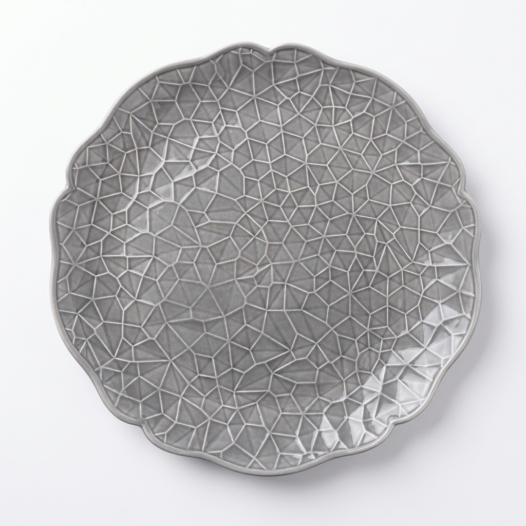 Ceramic Plate with Geometric Pattern & Scalloped Edge Grey – 27cm