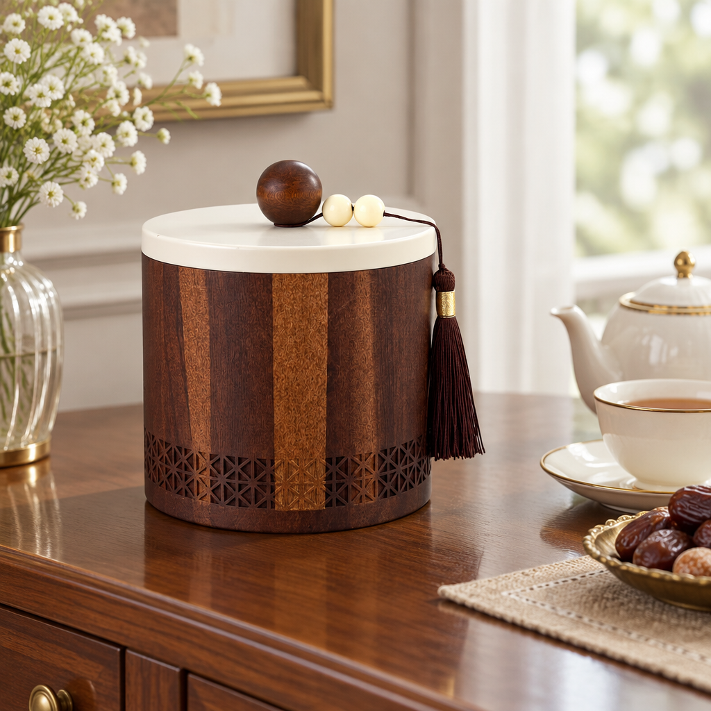 Wooden Candy Bowl with Metal Lid Brown & Cream - 12×12cm