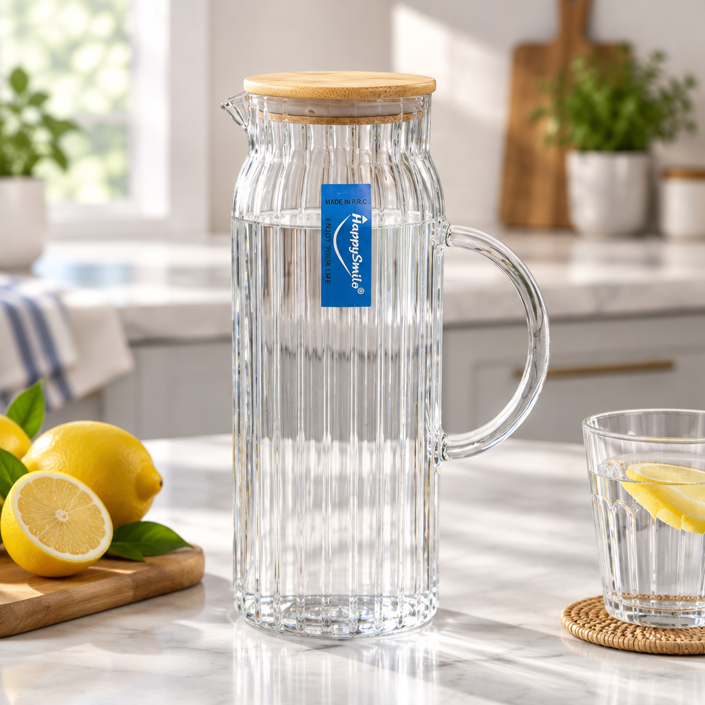 Happysmile Ribbed Glass Jug with Wooden Lid - 1 Litre