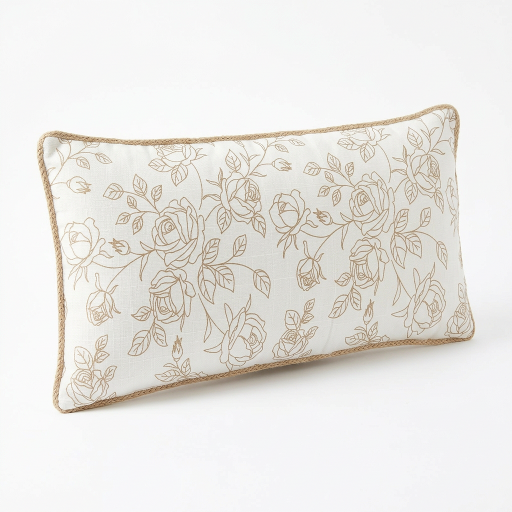 Rectangular Rose Floral Cushion Ivory & Beige - 30×70cm
