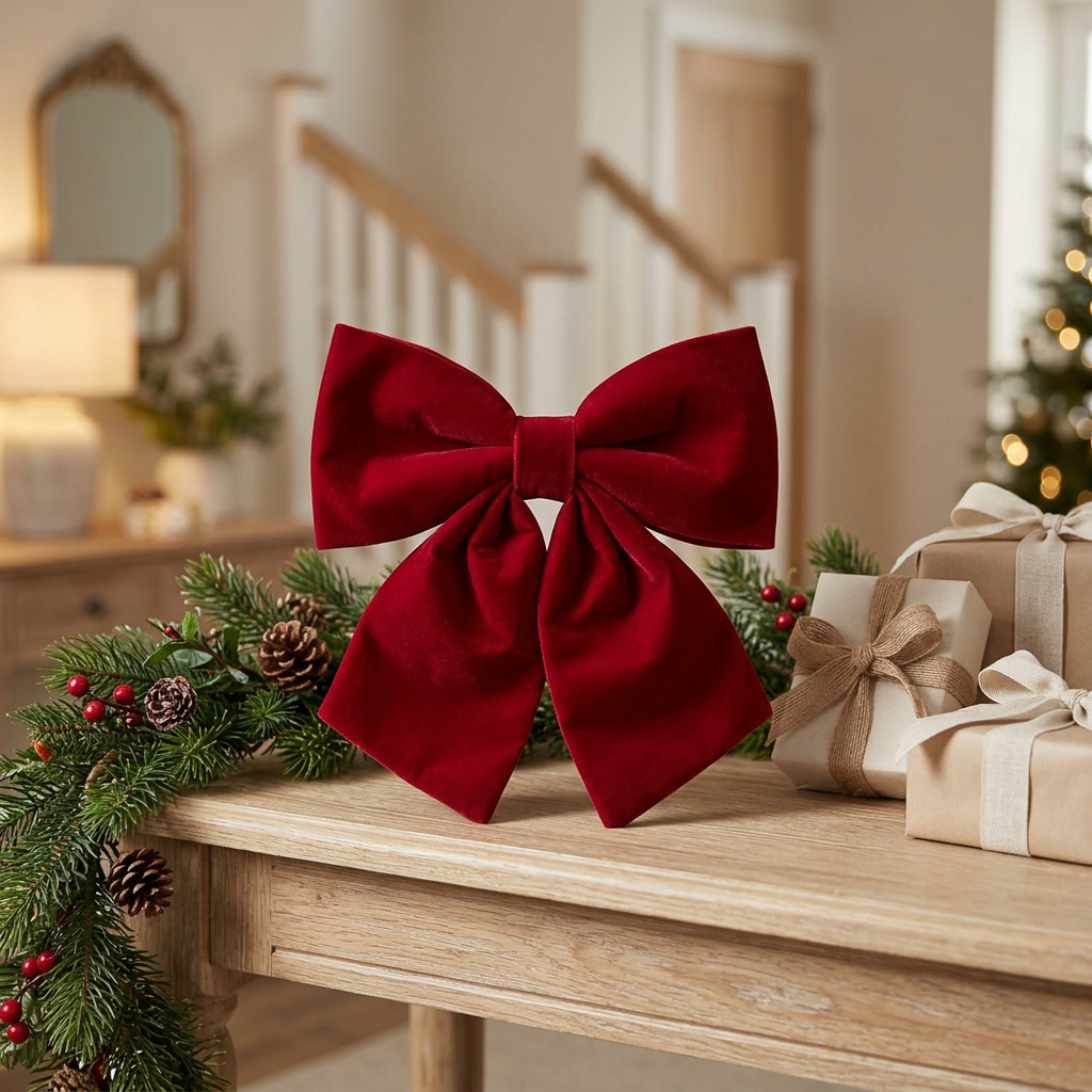 Christmas Bow Decoration with Velvet-Look Finish Red – 20×20cm