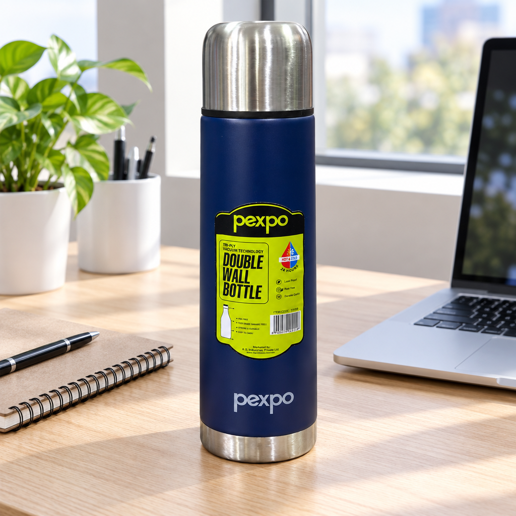 Pexpo Stainless Steel Double-Wall Vacuum Bottle Navy Blue – 1 Litre
