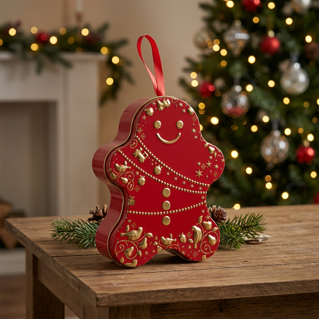علبة حلوى معدنية على شكل رجل خبز الزنجبيل لعيد الميلاد، باللونين الأحمر والذهبي - 13 سم