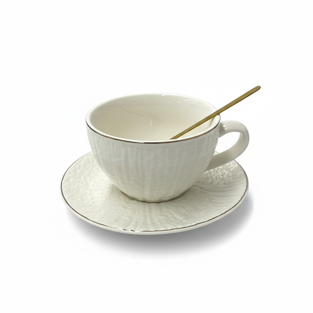 Ceramic Cup and Saucer Set White with Spoon - 300ml