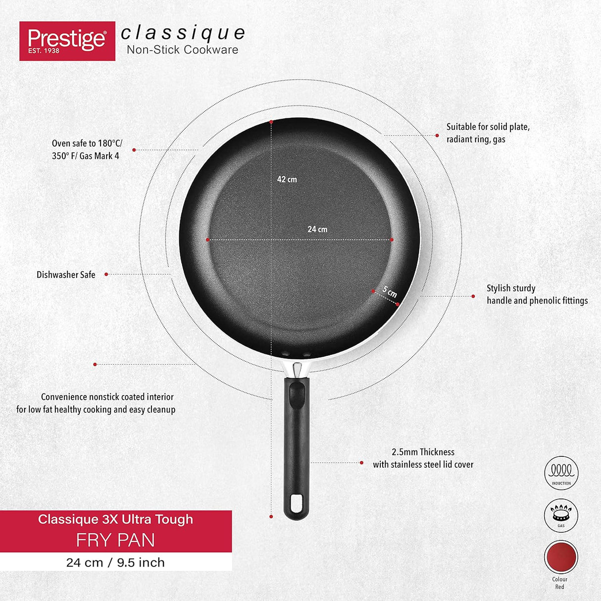 Prestige Classique 3X Ultra Tough Fry Pan, 9.5 Inch, 24 cm, Red