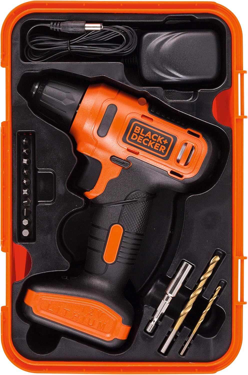 Black & Decker 12V 1.5Ah 900 RPM Cordless Drill Driver with 13 Pieces Bits in Kitbox For Drilling and Fastening, Orange/Black, LD12SP-B5, 1 Years Warranty