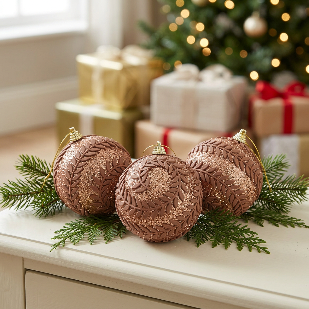 Plastic Christmas Décor Balls with Brown Leaf Design 3-Piece Set - 10cm