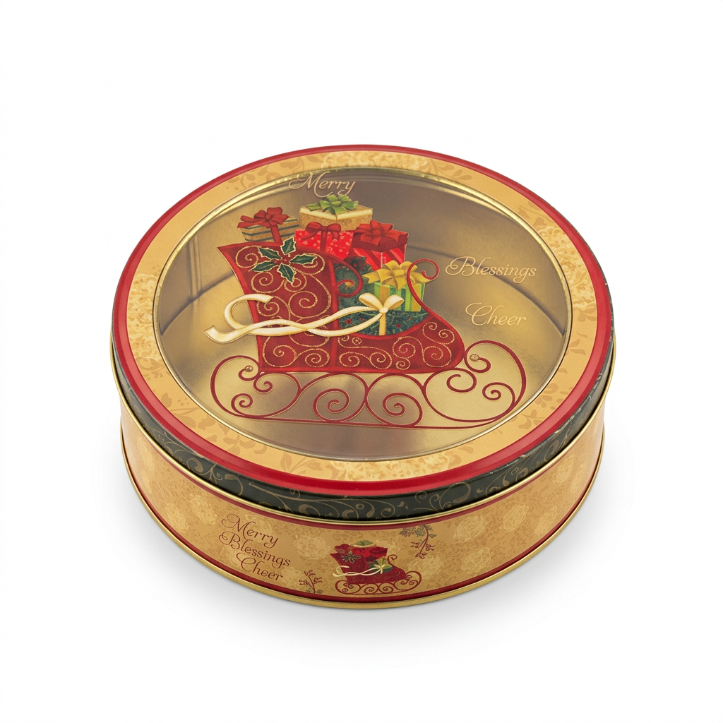 Round Metal Christmas Candy Box with Clear Plastic Lid - 17cm