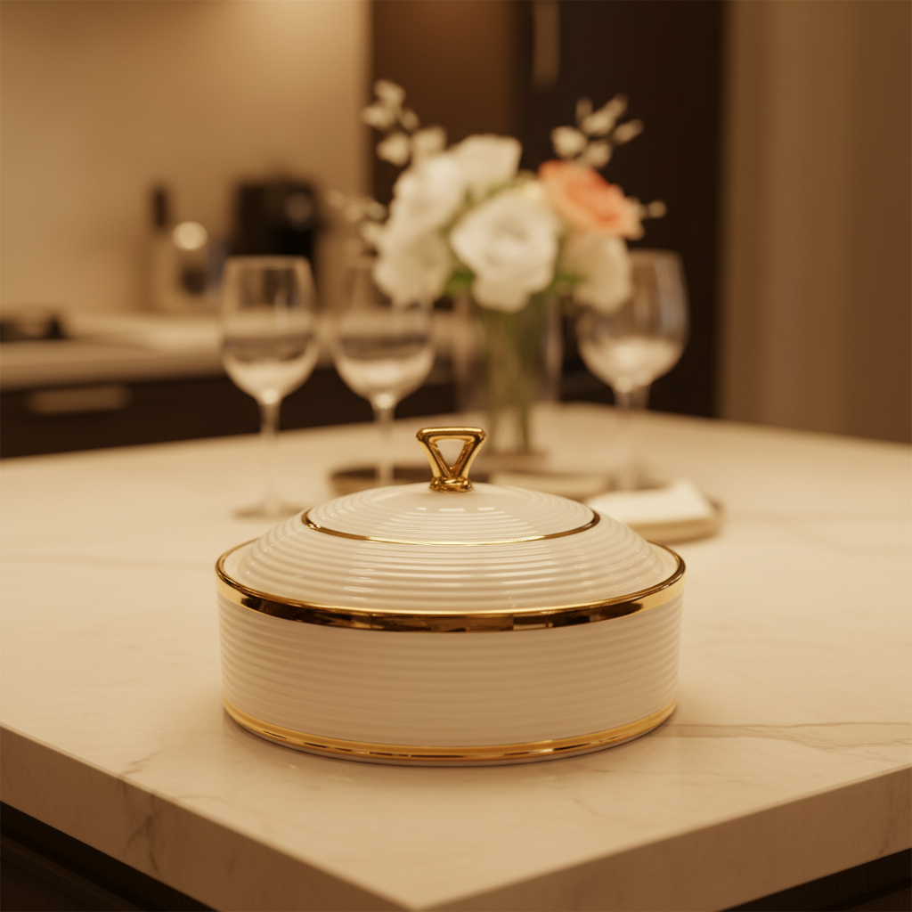 Ribbed Ceramic Serving Bowl with Lid White & Gold - 8-Inch