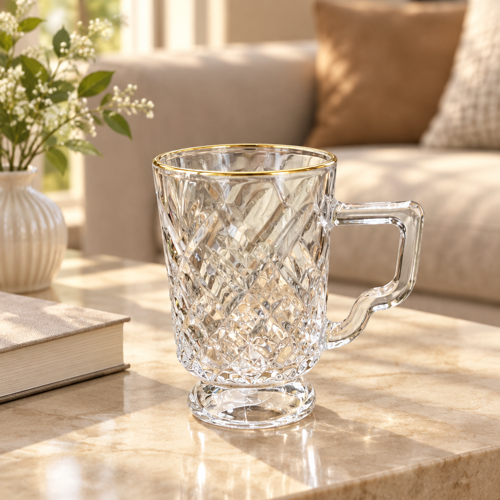 Textured Glass Mug with Gold-Coloured Rim – 250ml